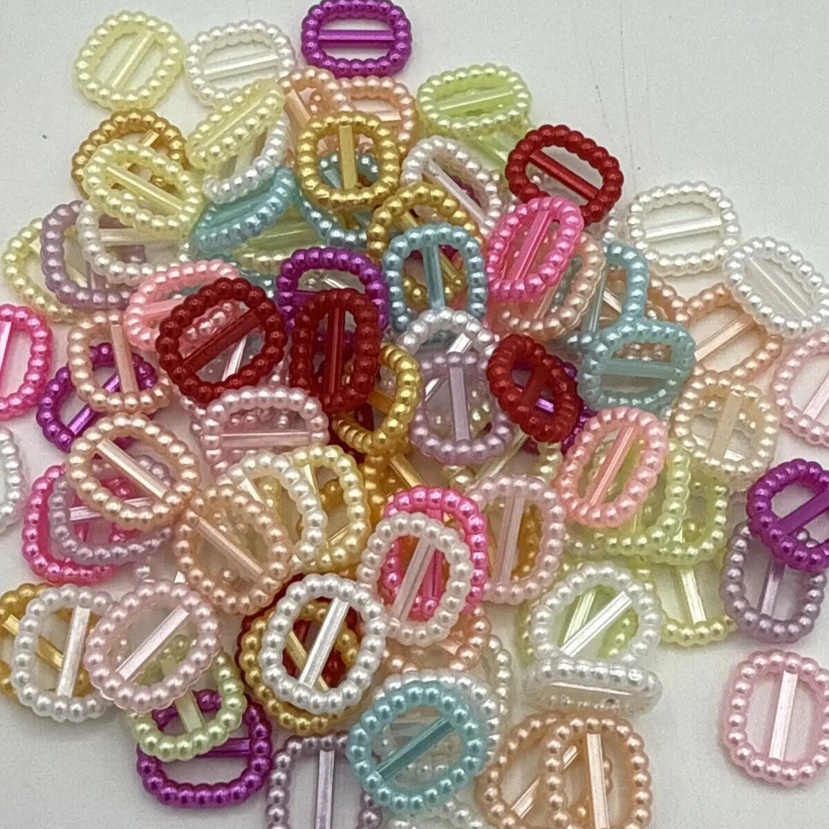100 Multicolor Pearl Plastic Square Doll Belt Buckles Ribbon Slider 12X11mm