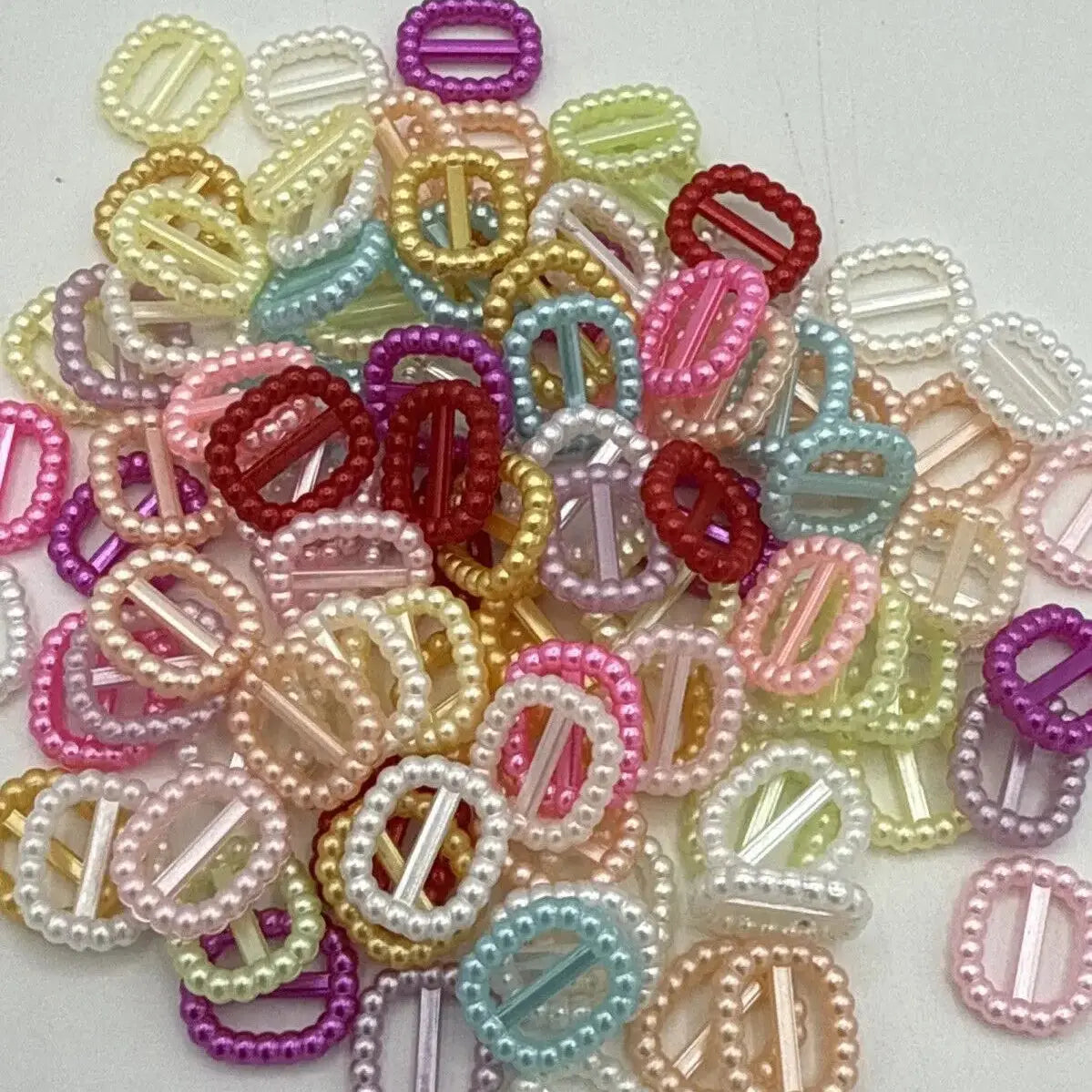 100 Multicolor Pearl Plastic Square Doll Belt Buckles Ribbon Slider 12X11mm