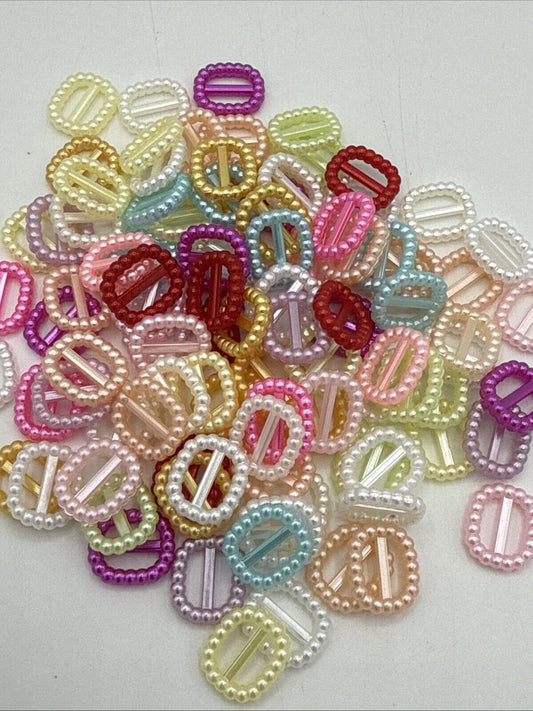 100 Multicolor Pearl Plastic Square Doll Belt Buckles Ribbon Slider 12X11mm