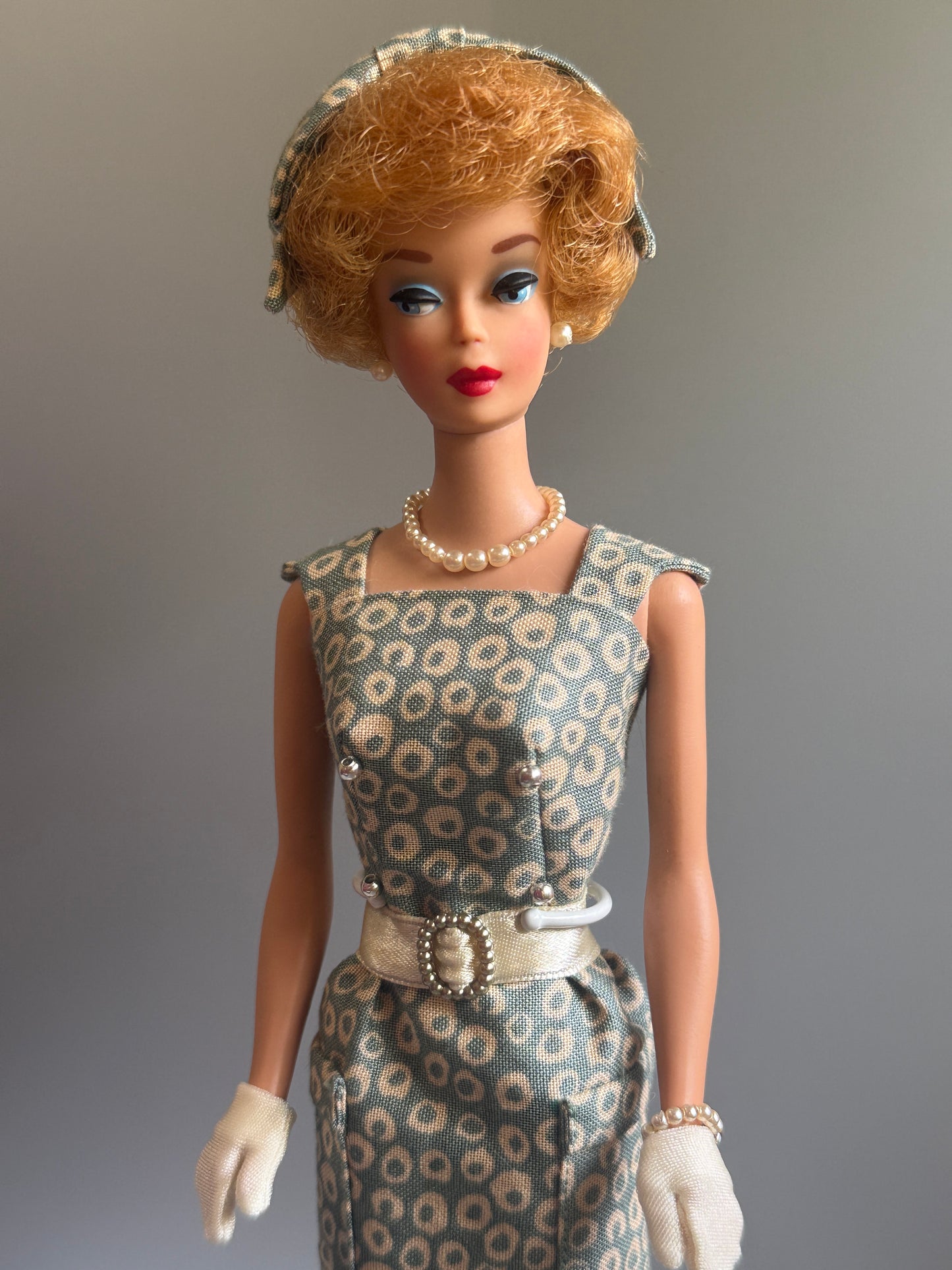 Vintage First Issue Bubblecut Barbie – Restored & Styled in Pak Sheath-Inspired Ensemble